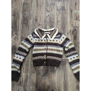 Altar’d State Cardigan Sweater Brown Cream Blue Collared Fair Isle Sz S